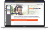 A laptop screen shows a webpage for ReadSpeaker featuring a smiling woman wearing headphones. The text highlights making content accessible and engaging through text-to-speech solutions.
